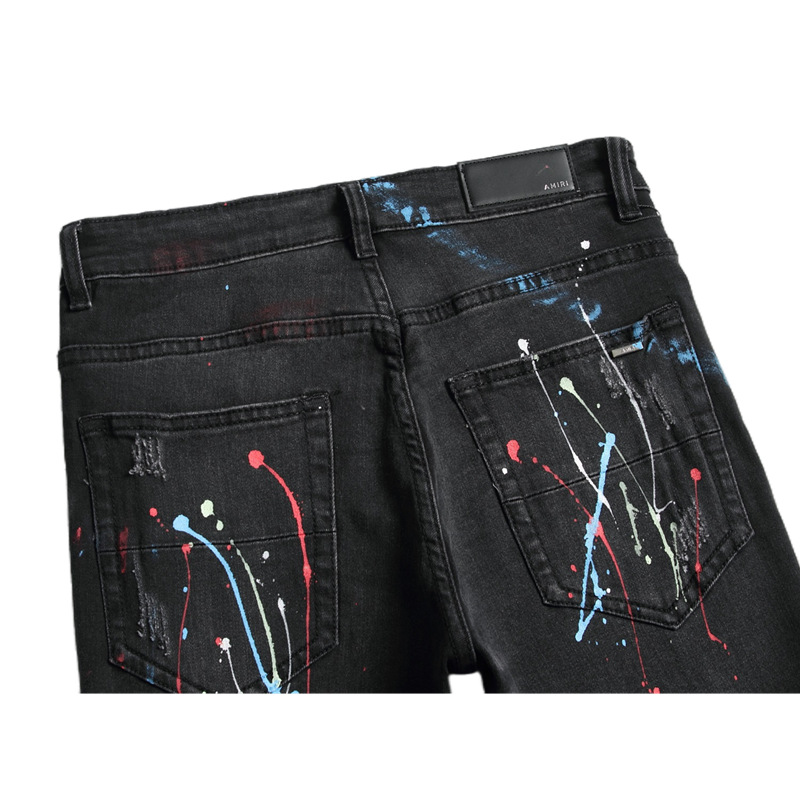 Pantalones vaqueros rasgados para hombre, Jeans elásticos negros pintados con espray, informales de calle alta, ropa de Hip-hop, primavera y otoño de 2022