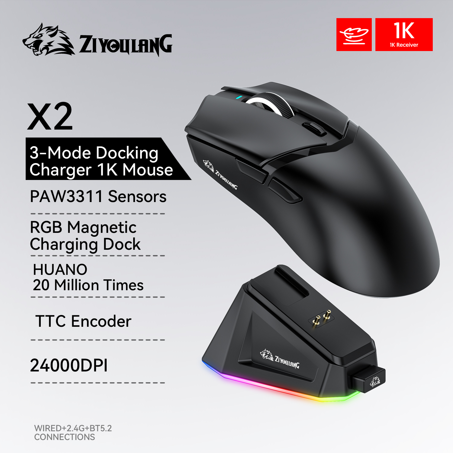 Mysz do gier X2 RGB ładowarka magnetyczna bezprzewodowa, 24000 DPI, 1K powrót połączenie trójtrybowe Bluetooth, mysz do gier makro PAW3311: Black
