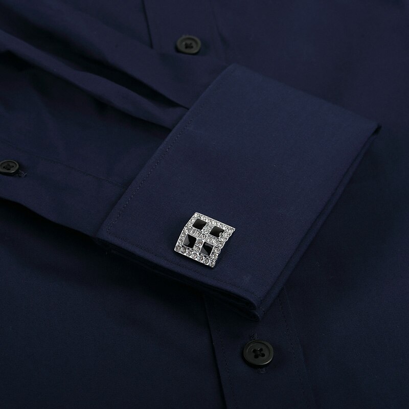Camisa de vestir de para hombre, camisas de corte Regular a la , camisas de negocios de manga larga con gemelos, Color sólido, azul marino