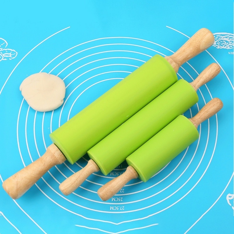 3 Sizes Non-Stick Wooden Handle Silicone Rolling Pin Pastry Dough Flour Roller Kitchen Baking Cooking Tool Household Rolling Pin