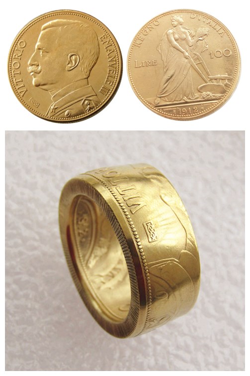 1912 italien 100 lire guldpläterad kopia dekorera myntring handgjord i storlek 8-16