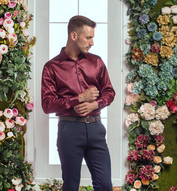 Heren Shirts Big Size Mannen Zeer Goede Lange Mouw Fluwelen Zijde Shirt Herfst Winter Mannen Warm Cultiveren Iemands moraal Shirt: deep wine / XXL