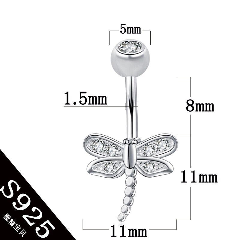 Bijoux de corps en argent sterling 925 S925, anneau de bouton de ventre non allergique libellule d&#39;insecte, broche de 6 8 10 mm pour femmes: PIN length 8mm