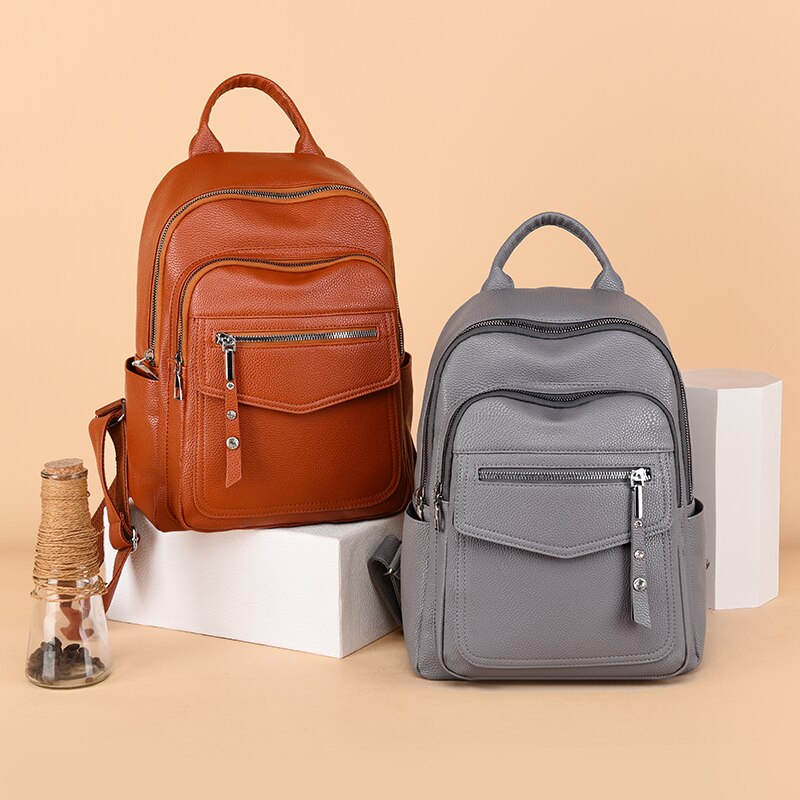 Rugzak Voor Vrouwen Dames Pu Lederen Rugzak Mode Dagelijkse Tas Duurzaam Grote Capaciteit Voor Winkelen Grijs