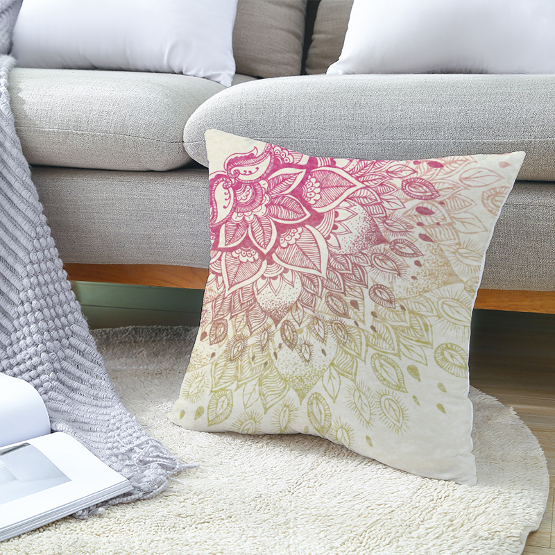 Housse de coussin carrée en velours avec imprimé Mandala, décoration de la maison, style nordique rétro, peau de pêche, taie d'oreiller