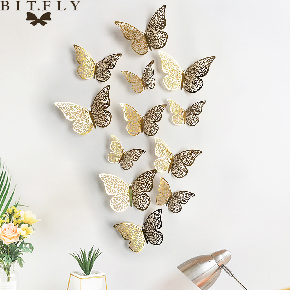 ¡Oferta! 12 unids/set de pegatinas de pared 3D mariposa hueca para decoración de la pared del hogar de las habitaciones de los niños DIY mariposas nevera adhesivos decoración de dormitorio