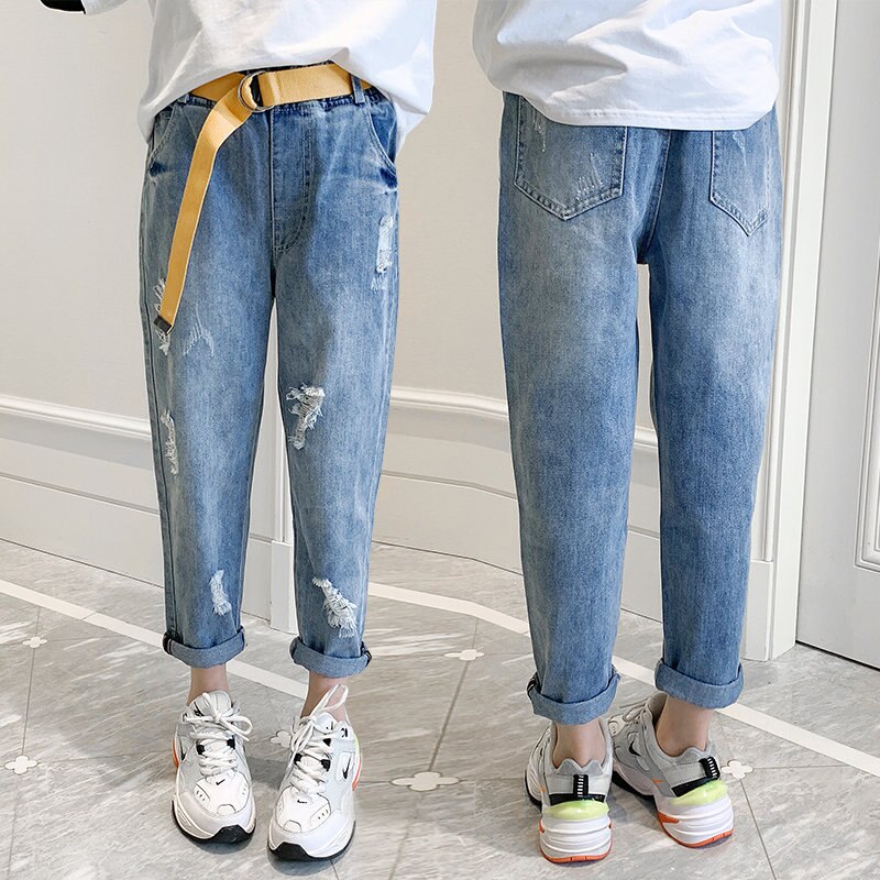 Children&#39;s Ripped Jeans for Girls Kids Casual Denim Trousers with Belt Teen Girl Pants For Age 4 5 7 9 11 13 Years