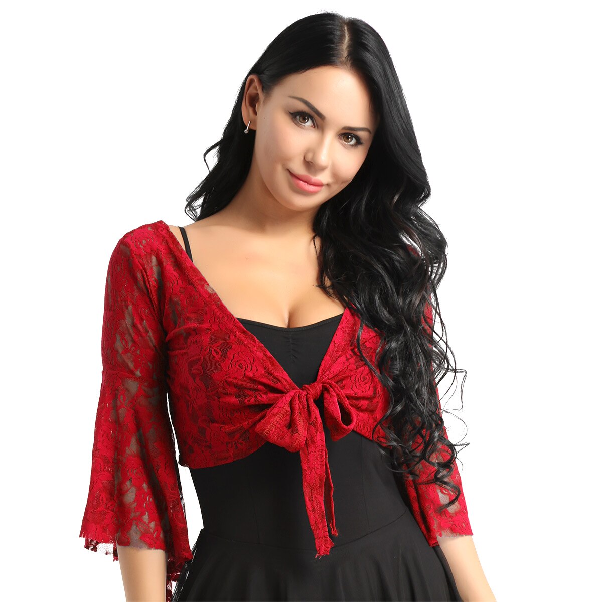 Haut moulant transparent en dentelle pour femmes, Sexy, haut en maille, manches longues évasées, chemise de danse du ventre, réservoirs, cravate avant, Cardigan, enveloppe les épaules, Clubwear