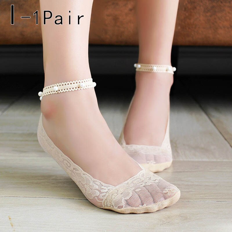 Calcetines cortos transpirables de encaje Floral para mujer, medias finas suaves de estilo coreano, con perlas, para primavera y verano, 1 par: I