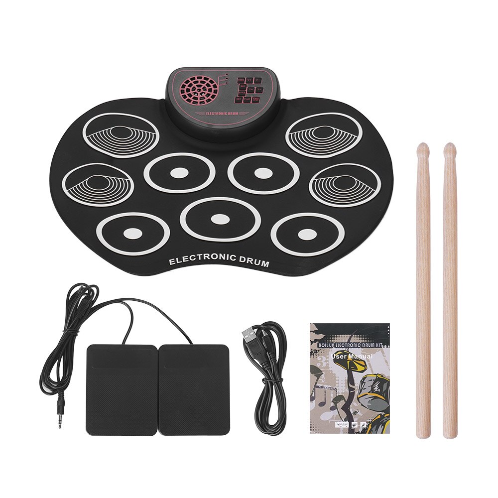 Portable Electronic Drum Set USB Roll Up Drum Pad Kit 9 Drumpads with Sticks and Foot Pedals Digital Percussion Instruments