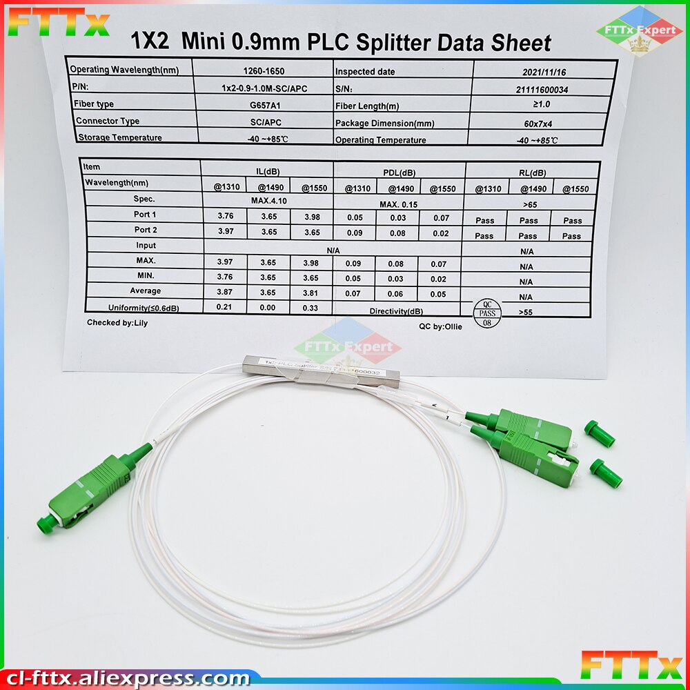 Fiber Optical PLC Splitter SC APC 1 : 2 Mini steel tube type 1x2 0.9mm Fiber Opitc Splitter SC/APC Connector