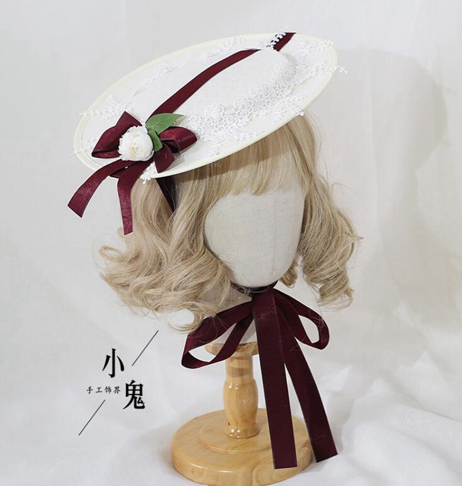 Frauen Lolita Jahrgang Gericht Gebühr Elegante Haar Zubehör Batist Spitze Blume oben Hütte: Burgund