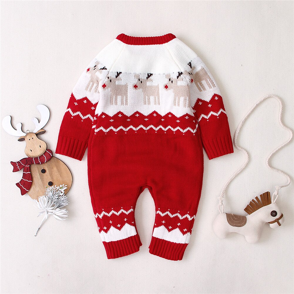 FOCUSNORM Infant Baby Girls Boys Christmas Romper Long Sleeve Elk Pattern Printed Knit Warm Jumpsuit