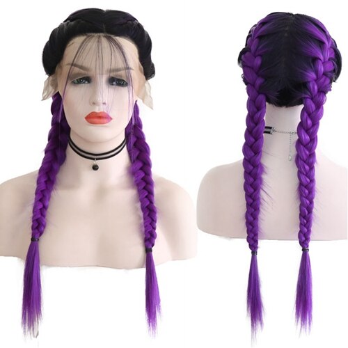 JOY & BEAUTY-trenzas dobles de 24 "de largo liso negro degradado 6 colores trenzado sintético marrón claro suizo peluca con malla frontal con pelo de bebé: purple