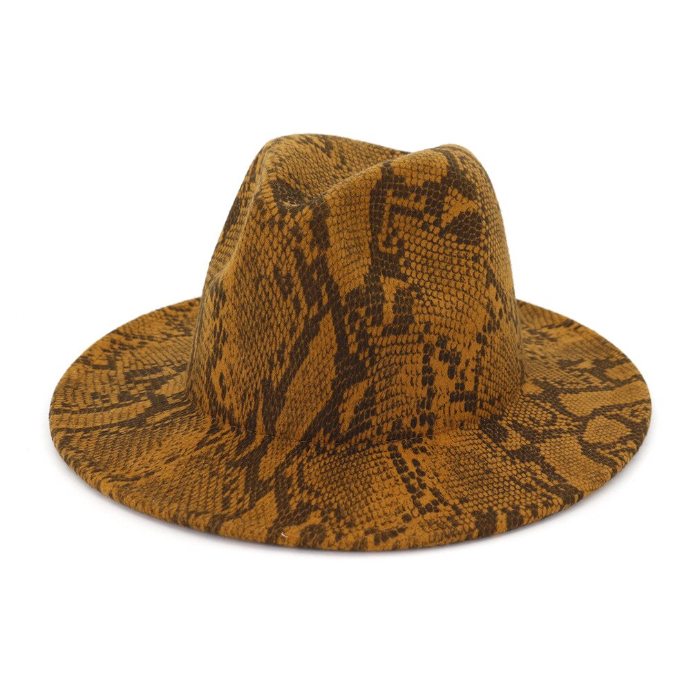 FS Vintage Snake Print Men Wide Brim Gray Brown Hat Felt Fedora Church Hats For Women Panama Sombrero Cap: Brown Fedora Hat