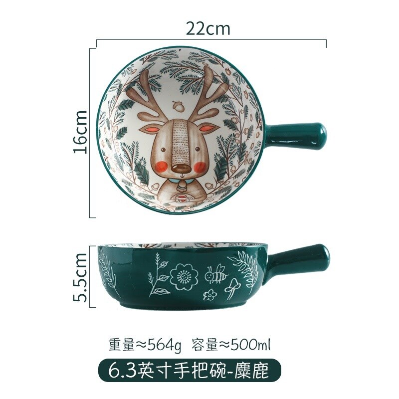 Cartoon Handle Bowl Household Fruit Salad Bowl Tableware Cute Animals Instant Noodle Bowl Ceramic Baking Bowl: B