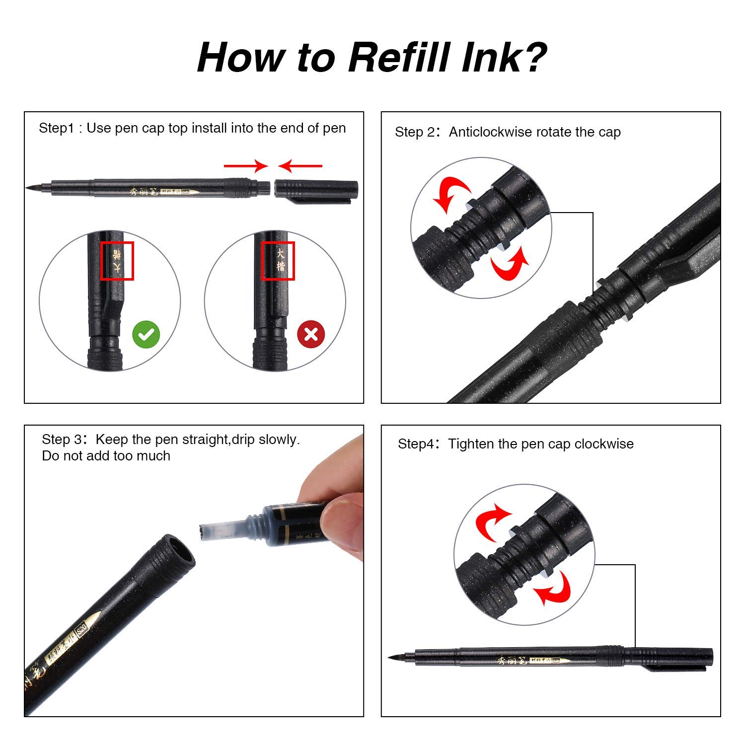 Refill Brush Calligraphy Pen for Lettering 4 Sizes Black Brush Marker Pen Calligraphy Set (4 Brush Pens)