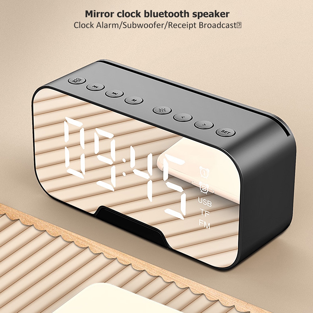 LED Wireless Bluetooth Speakers 3W Fm Radio With Digital Alarm Clock Mirror Sound Box Subwoofer Handsfree Desktop Speaker