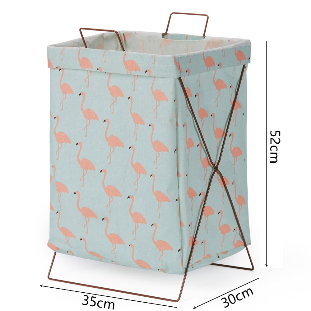 cotton linen Nordic simple support-type laundry basket waterproof moisture-proof foldable laundry bag: Green Flamingo