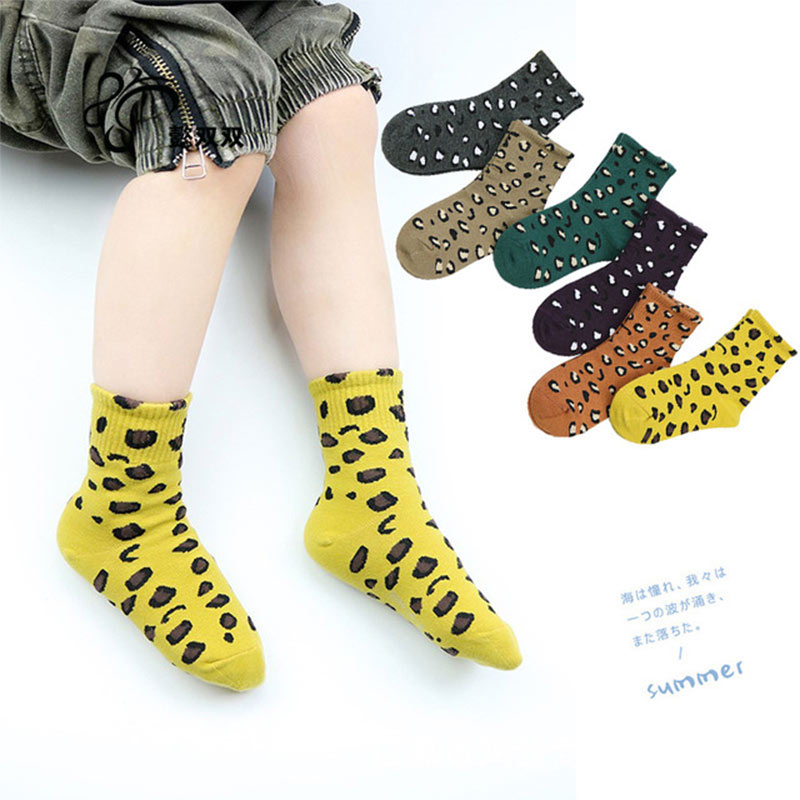 Leopardprint børnestrømper efterår vinter bomuldsstrømper til piger drenge 5 #39 /sæt dekorative sokker varme ankelstrømper
