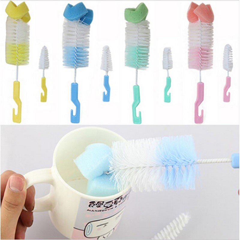 Set de 2 unids/set de cepillo de alimentación de bebé cepillo de limpieza de botellas taza pezón cepillo de botella de bebé cepillos cepillo de boquilla tubo tetina esponja