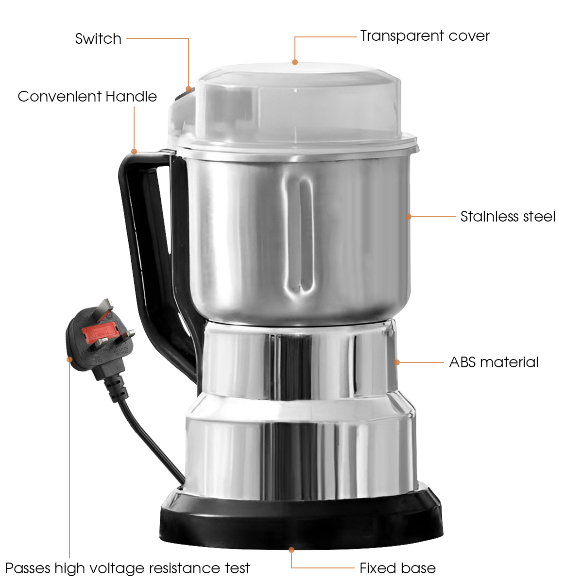 Electric Grinder Kitchen Grain Nut Bean Spice Mill 500ml Baby Food Processor 200W Multi-Function Home Coffee Grinder 4 Blades: Light Grey
