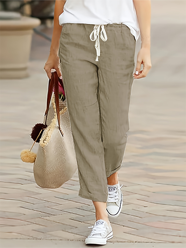 Plus size med lommer dame rejsebukser bomuld hør ni dame casual bukser afslappet løs ensfarvet snørebånd: 3xl / Khaki