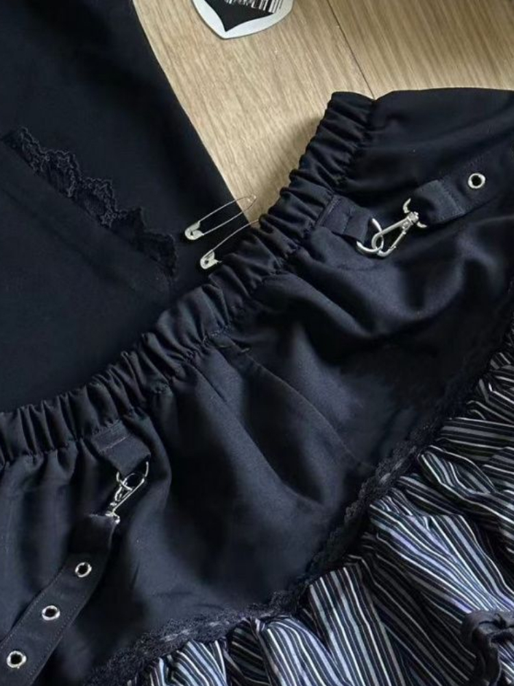 Y2k estetiska randiga kjolar kvinnor streetwear spets lapptäcke vintage kawaii minikjolar harajuku hög midja flickor tårtkjol
