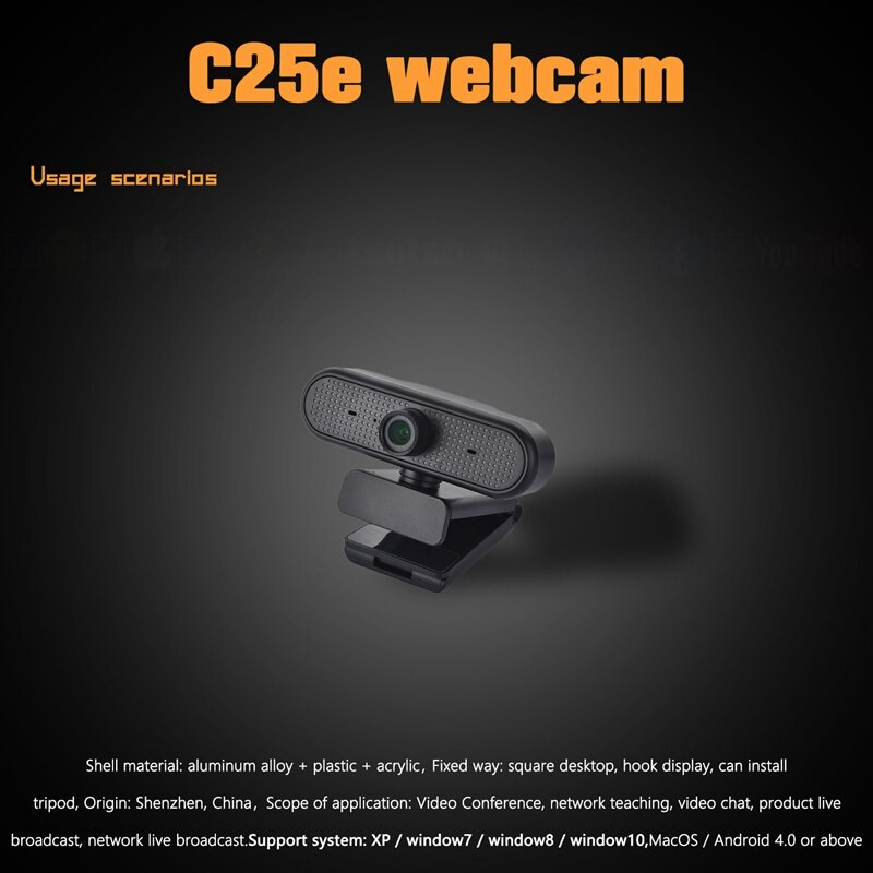 C25E Webcam, 1080P Plug and Play Without Driver, Built-in Microphone, Five Glass Lens Camera for Video Conferencing