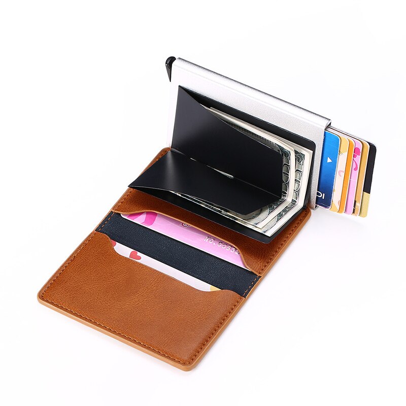QQD Anti-theft Brush Man Wallet Smart Auto Eject Card Box Purse Business Holder Rfid Wallet Aluminum Metal Credit Card Belt Bag