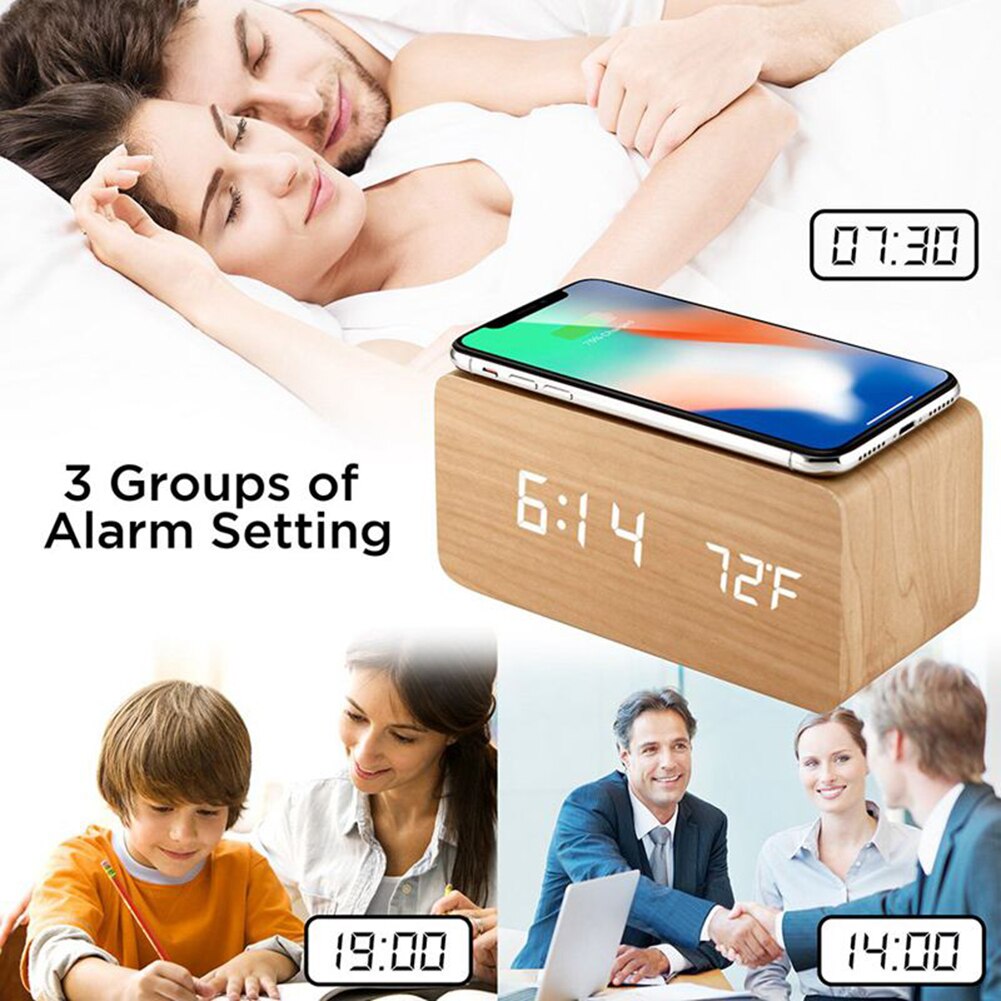 Multicolor Geluid Controle Houten Hout Vierkante Led Wekker Desktop Tafel Digitale Thermometer Houten Usb/Aaa Datum Display