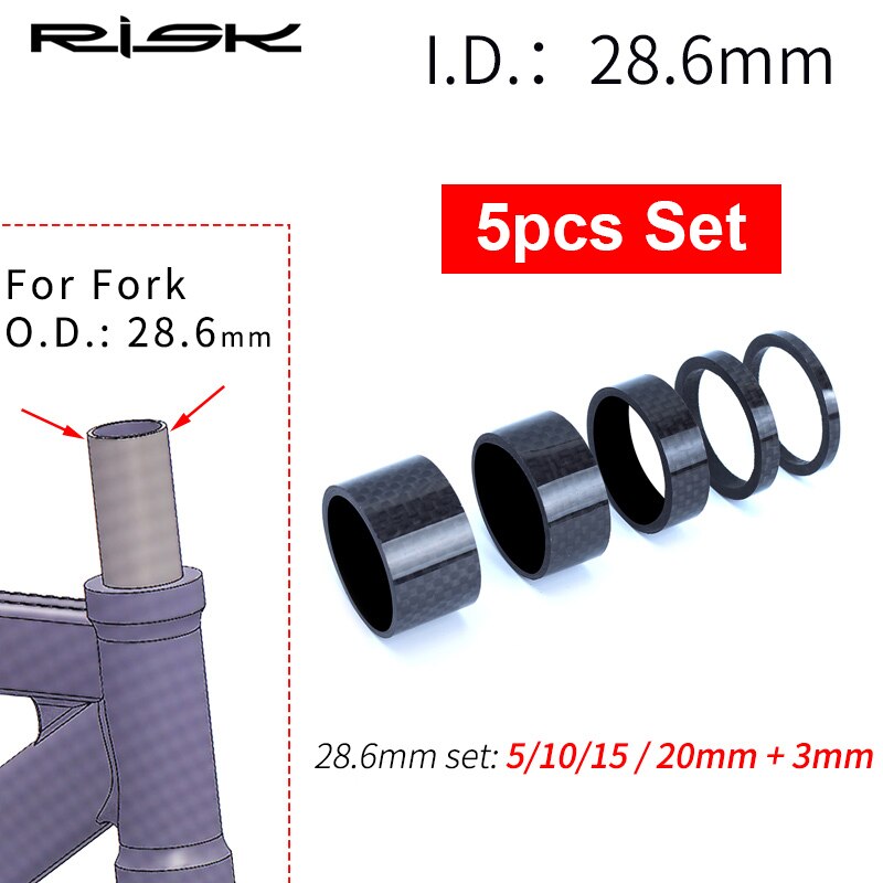 Risiko 5 stk / mye full karbonfiber sykkel hodesett avstandsstykker til 28.6-31.8mm od2 stamme hodesett deler mtb sykkel gaffel karbon vaskemaskin: 5 stk-sett til 28.6mm