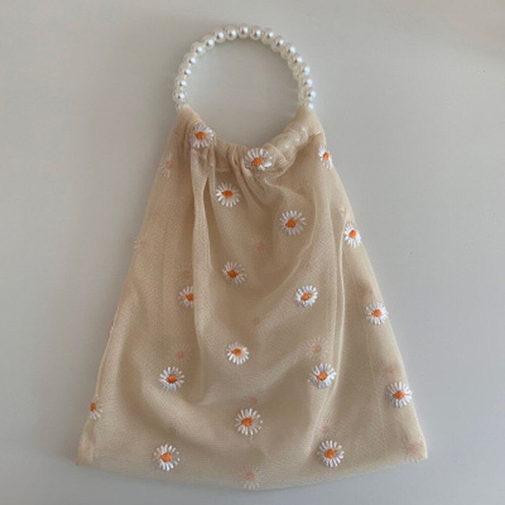 Nueva bolsa de tela transparente para mujer, bolsa para compras cómoda con pequeñas margaritas y apliques de malla, bolsa de tela bordada, bolsa ecológica: Yellow