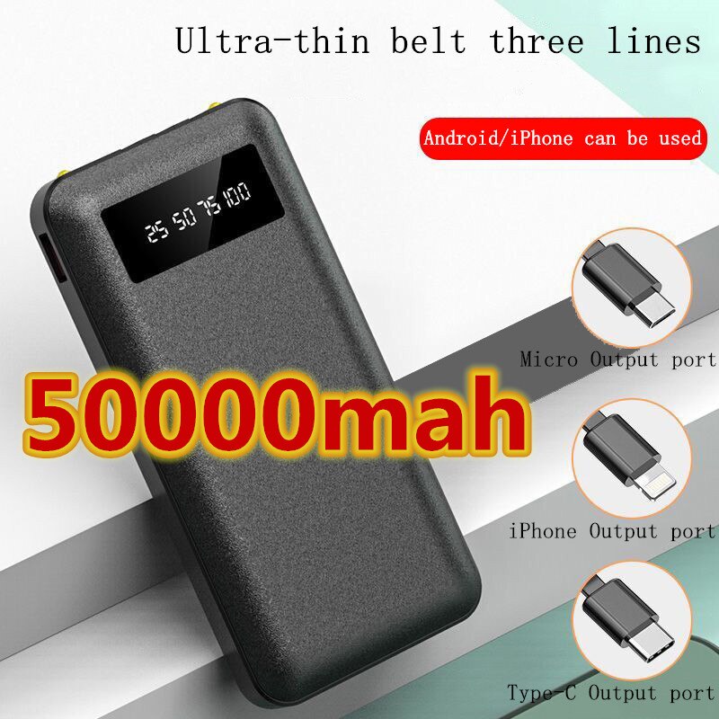 Power bank 50000mah comes with three wire mobile power supply for Apple Huawei vivo mobile phone universal mobile phone bracket