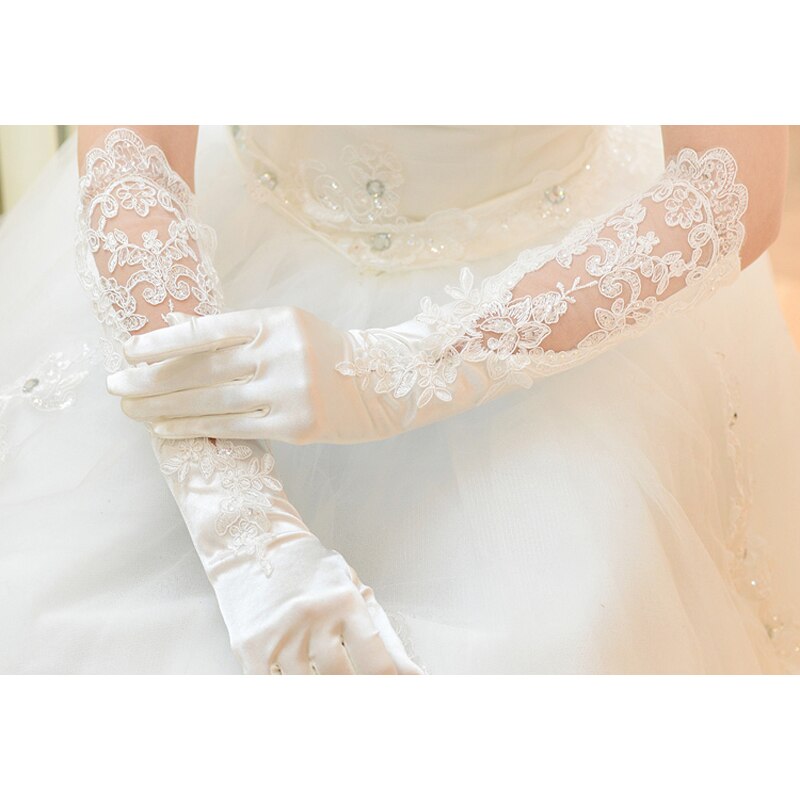 Lange Bridal Handschoenen Satijn Met Kant Bruiloft Accessoires Ivoor Bruids Handschoenen