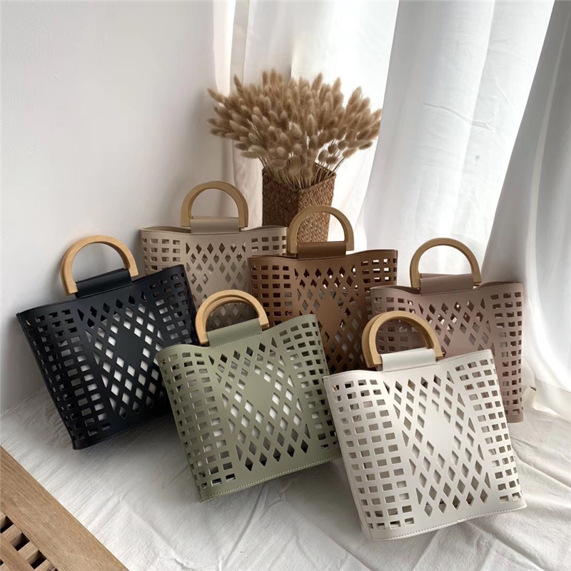 DIGERUI femmes sacs sacs à main évider plage sac Bolsa Feminina bois poignée fourre-tout sac à bandoulière en cuir synthétique polyuréthane sacs à main