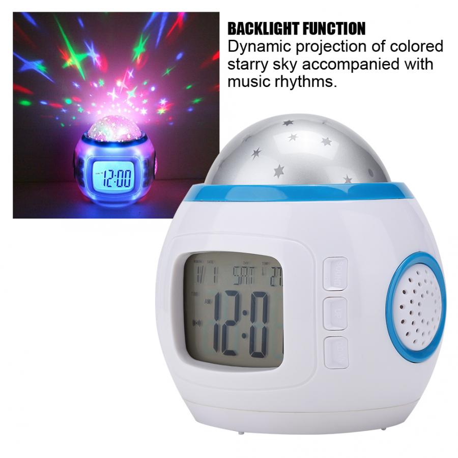 Kids Music Projector LED Star Sky Projection Lamp Digital Alarm Clock Calendar Thermometer