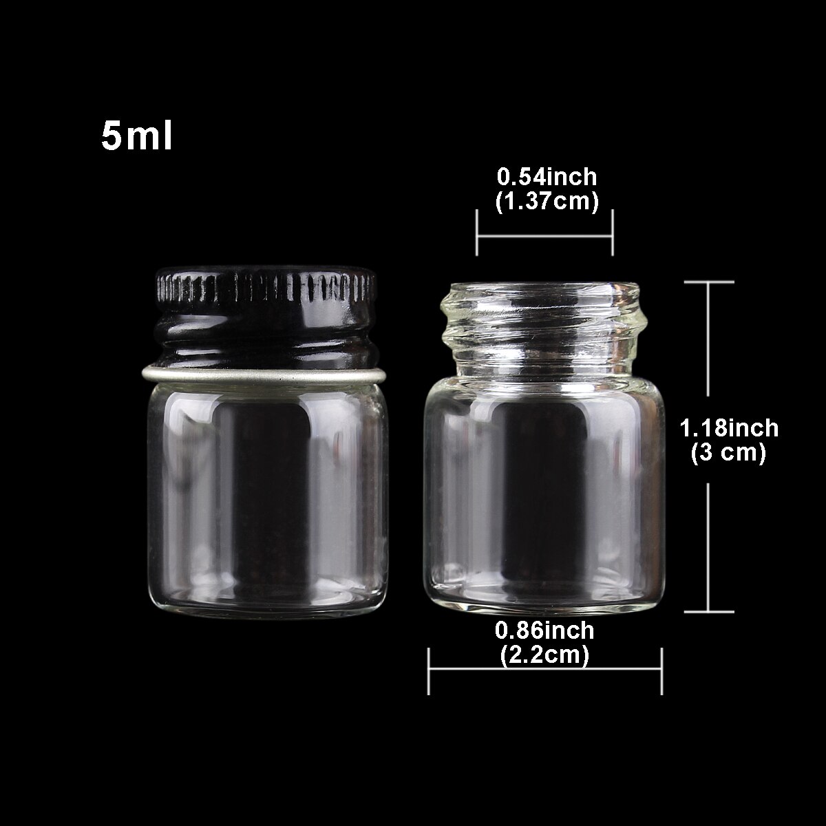 48 Stuks Diameter 22 Mm Glazen Flessen Met Zwarte Aluminium Caps 5-14 Ml Kleine Glazen Potten Wedding Craft 5 Maten U-Pick: 5ml