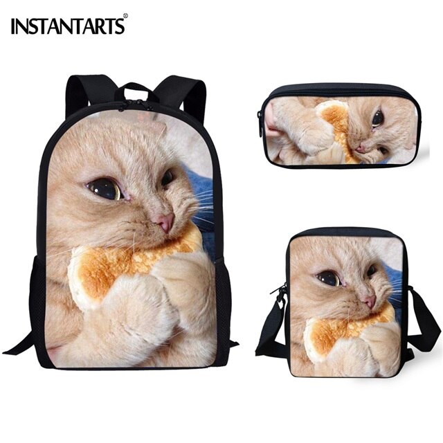 Instantarts kat humor 3d tryk børn skoletasker drenge piger studerende rygsæk lynlås stor taske crossbody taske blyant taske sæt: Hmc 385 cek