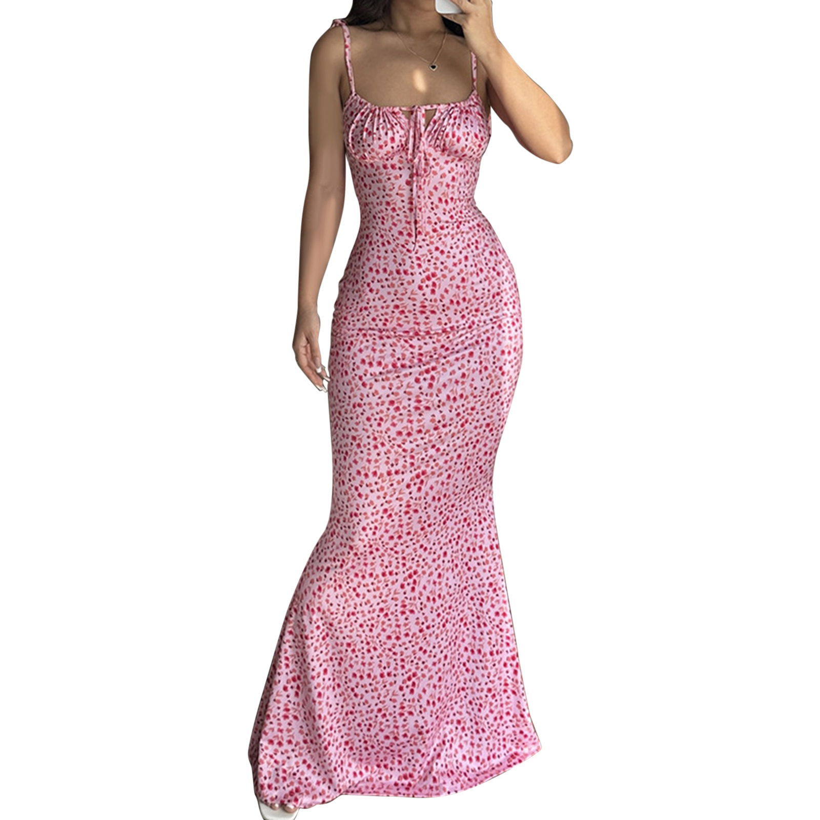 Sexede kjoler med spaghettistropper til kvinder, blomsterprint med snøre, slim fit og lange bodycon-kjoler, perfekt til sommer og forår: S / Elfenben