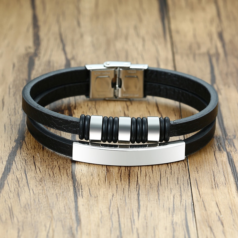 Mannen Lederen Armbanden Met Zwarte Kralen Charm Bangle Gelaagde Polsband Streetstyle Toevallige Mannelijke Sieraden