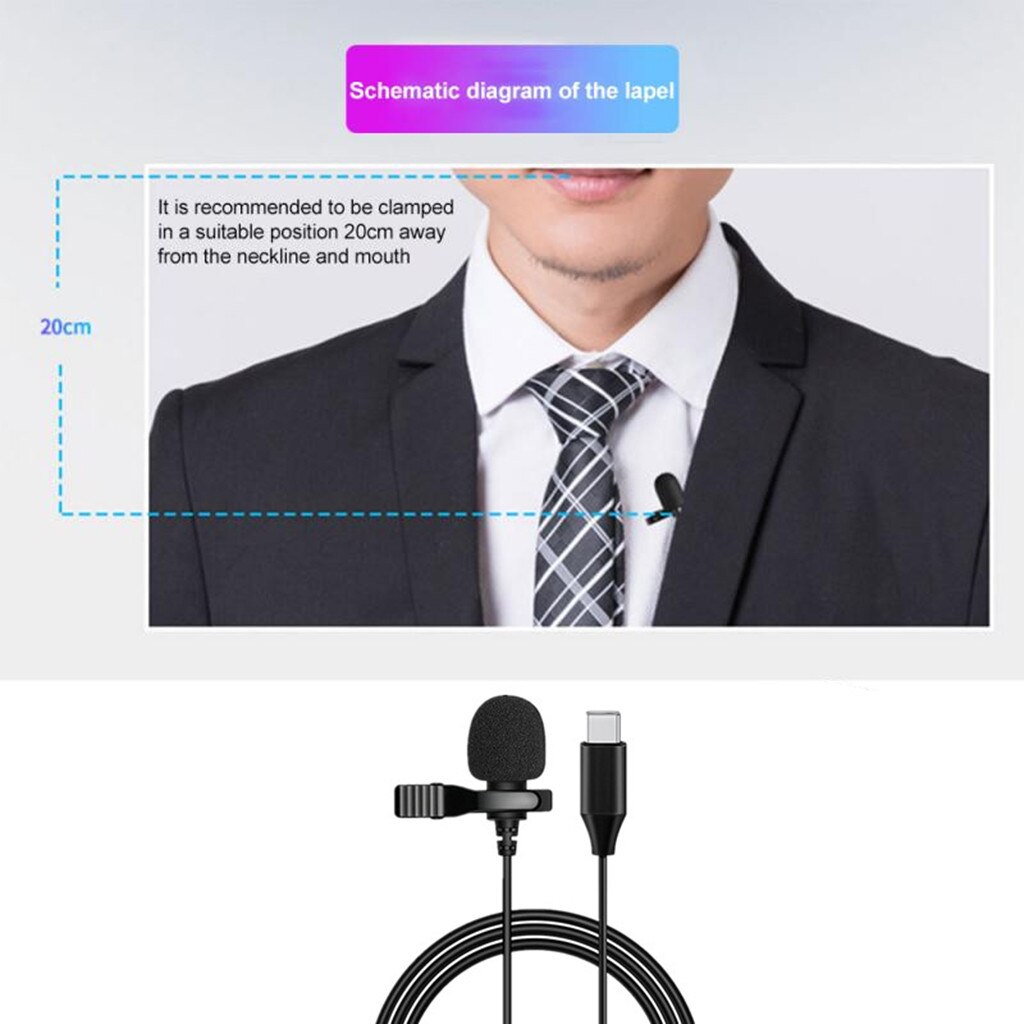Universal mini type-c microphone, hands-free lavalier lapel microphone, wired, 360 ° clip for phone/smartphone, micro neck microphone