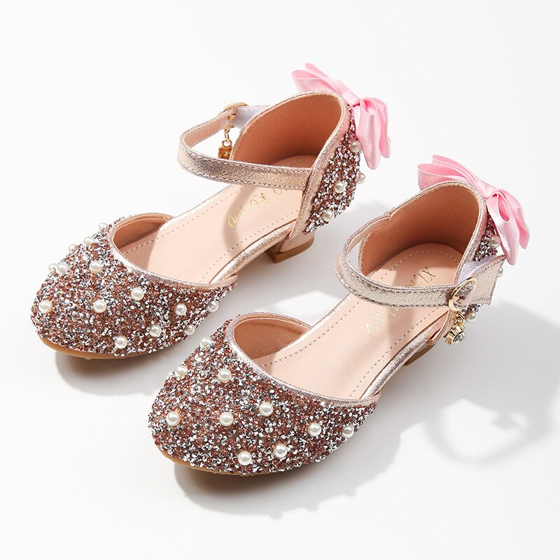 SKHEK dziecięce skórzane buty dla dziewczynek księżniczka kwiat dorywczo brokat dzieci szpilki dziewczęce buty motylkowy węzeł niebieski różowy srebrny