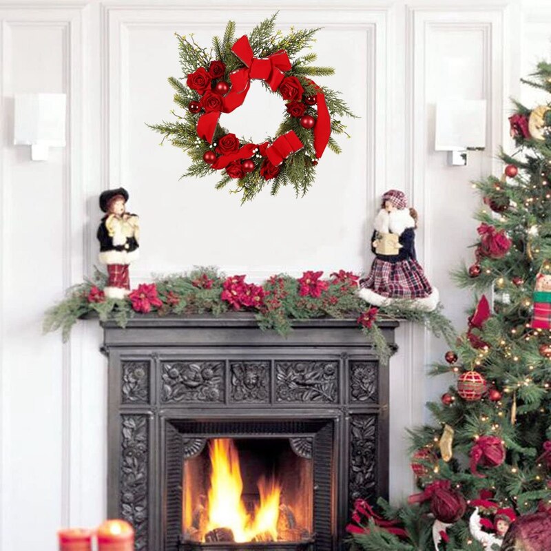Couronne de pin artificielle avec Rose rouge, ruban rouge pour porte d&#39;entrée, fenêtre murale, maison, décoration de noël