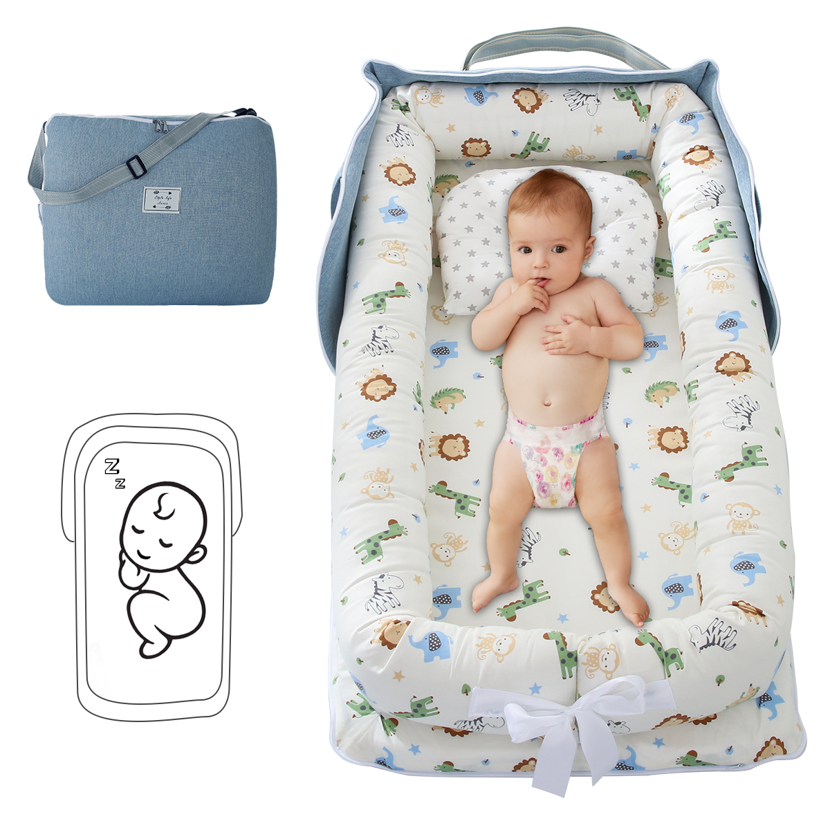 Baby liggestol sammenfoldelig bærbar babynest seng til drenge piger rejseseng spædbarn bomuld vugge vugge baby nyfødt seng rejse soveværelse: Lyseblå