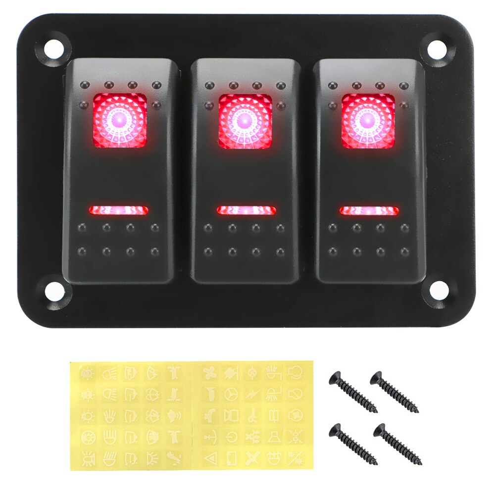 DC 12V/24V Overload Protection 3 Gang Rocker Switch Panel ON/OFF Lights Car Truck Marine Ship Circuit Breaker With Icon Sticker: Red