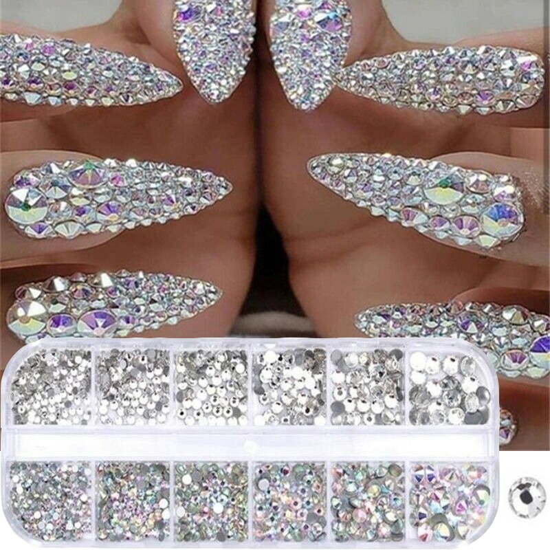 12 Grid/Doos 3D Nail Crystal Rhinestone Rechthoekige Glitter Sieraden Glas Diamant Gem Nail Art Decorations Nail Rhinestones