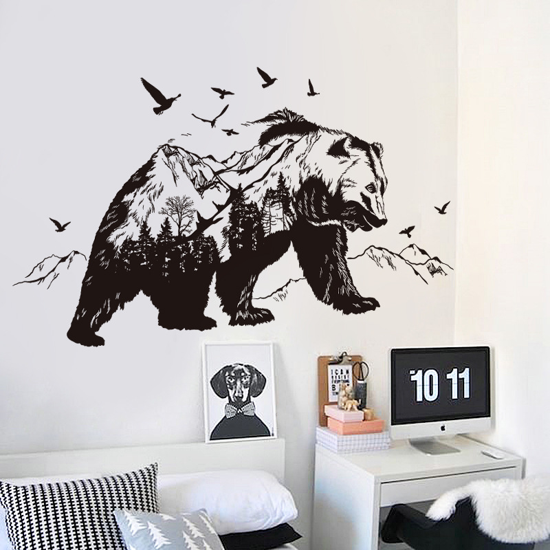 Mountain zwarte beer Transparante film woonkamer slaapkamer muurstickers Creatieve home decoratie backgroundWall stickers