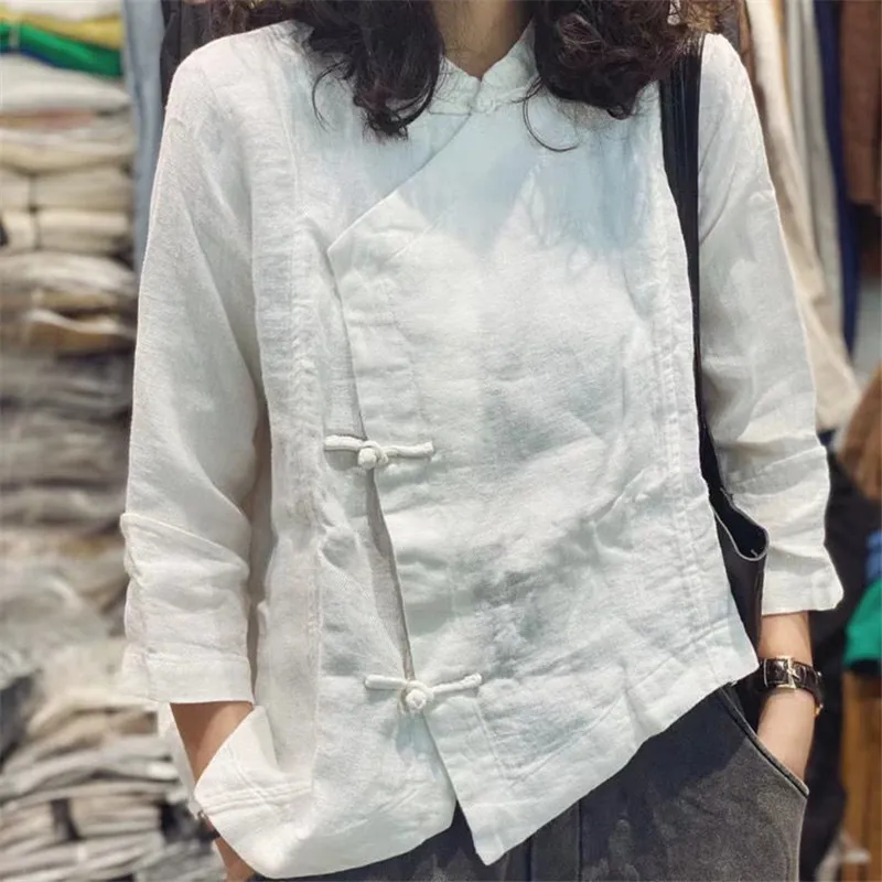 Kiinalainen epäsäännöllinen naisten paita kevät syksy retro solki löysä pusero naisille puuvilla pellava topit plus koko: Xxl / Norsunluu