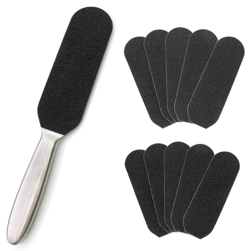 Stainless Steel Foot Rasp Scrubber With 10pcs Free Refill Grits Replacement Pads For Pedicure Foot Dead Skin Remover